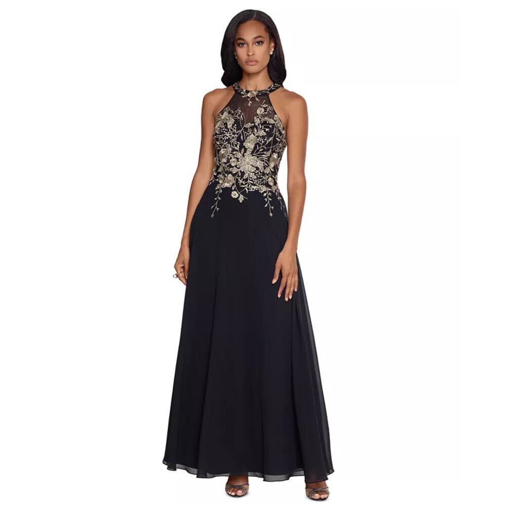 Betsy & Adam Black and Gold Embroidered Gown